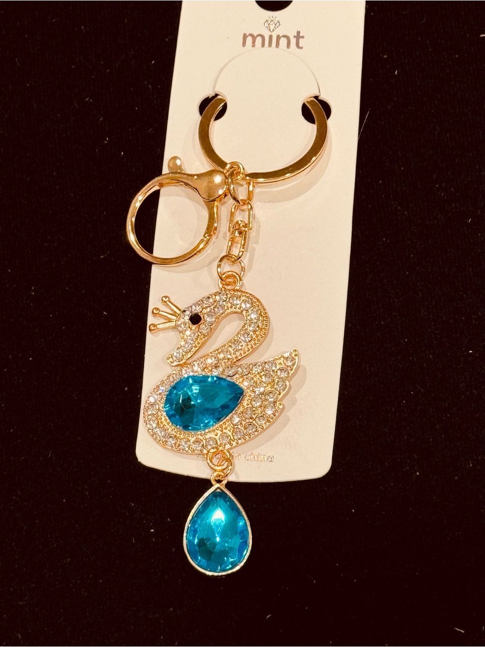 Mint Swan Crystal Keychain Bag Charm Crystal Purse Charm Gold Tone NWT Blue